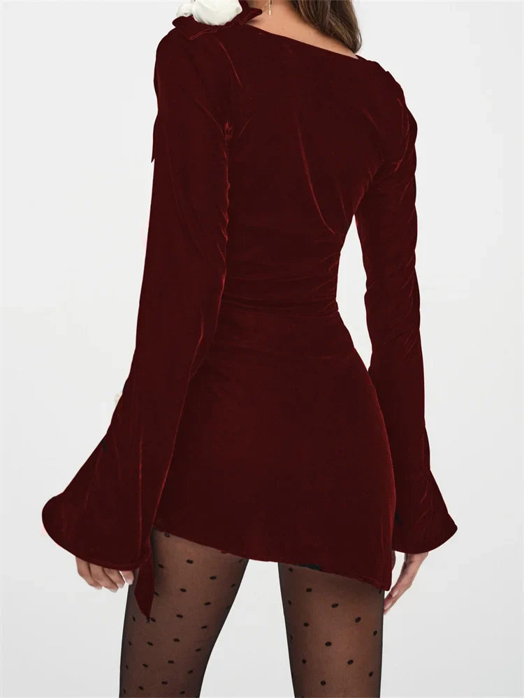 Elegant V-Neck Ruched 3D Flower Mini Dress