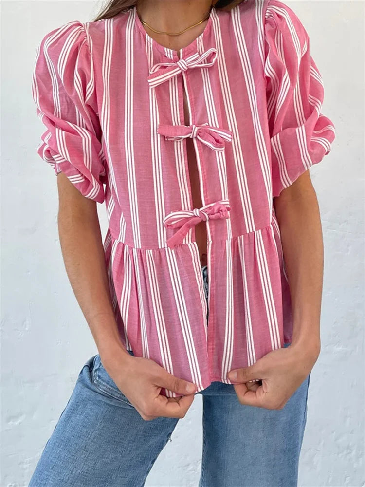 Fashion WomenCasual Short Sleeve O Neck Solid Color/Striped Streetwear Blouse