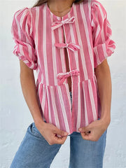Fashion WomenCasual Short Sleeve O Neck Solid Color/Striped Streetwear Blouse
