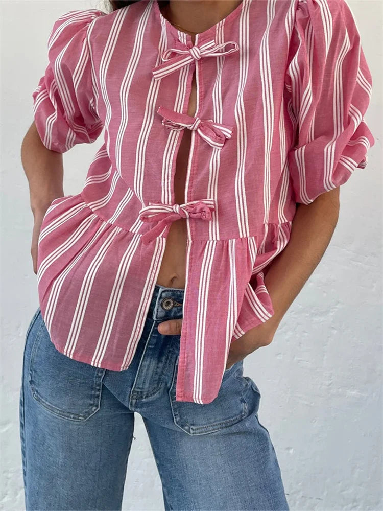 Fashion WomenCasual Short Sleeve O Neck Solid Color/Striped Streetwear Blouse