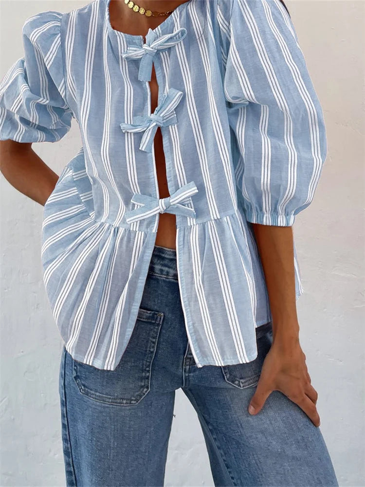 Fashion WomenCasual Short Sleeve O Neck Solid Color/Striped Streetwear Blouse