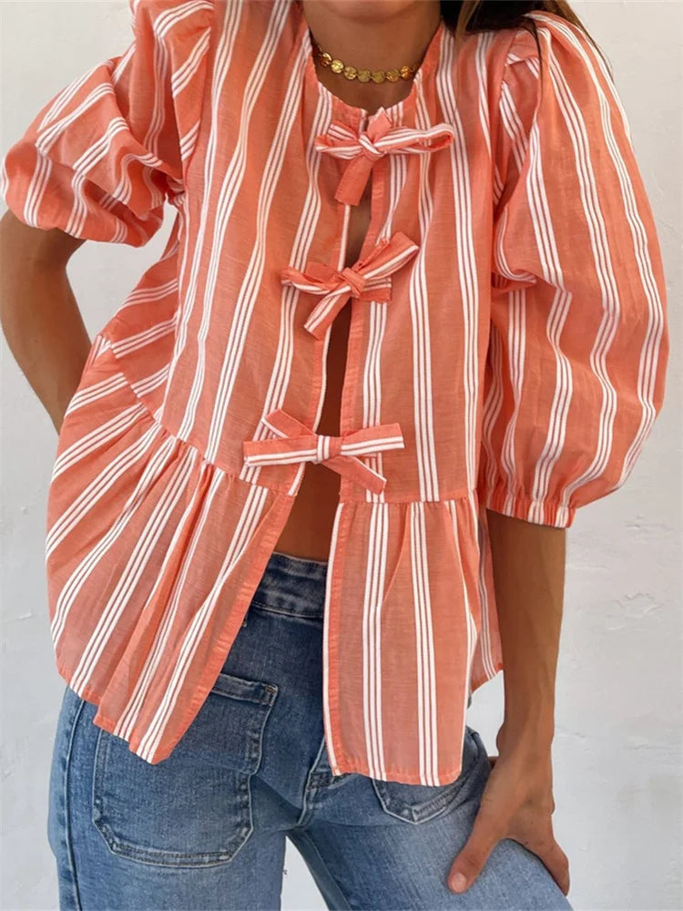 Fashion WomenCasual Short Sleeve O Neck Solid Color/Striped Streetwear Blouse