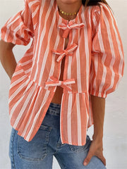 Fashion WomenCasual Short Sleeve O Neck Solid Color/Striped Streetwear Blouse
