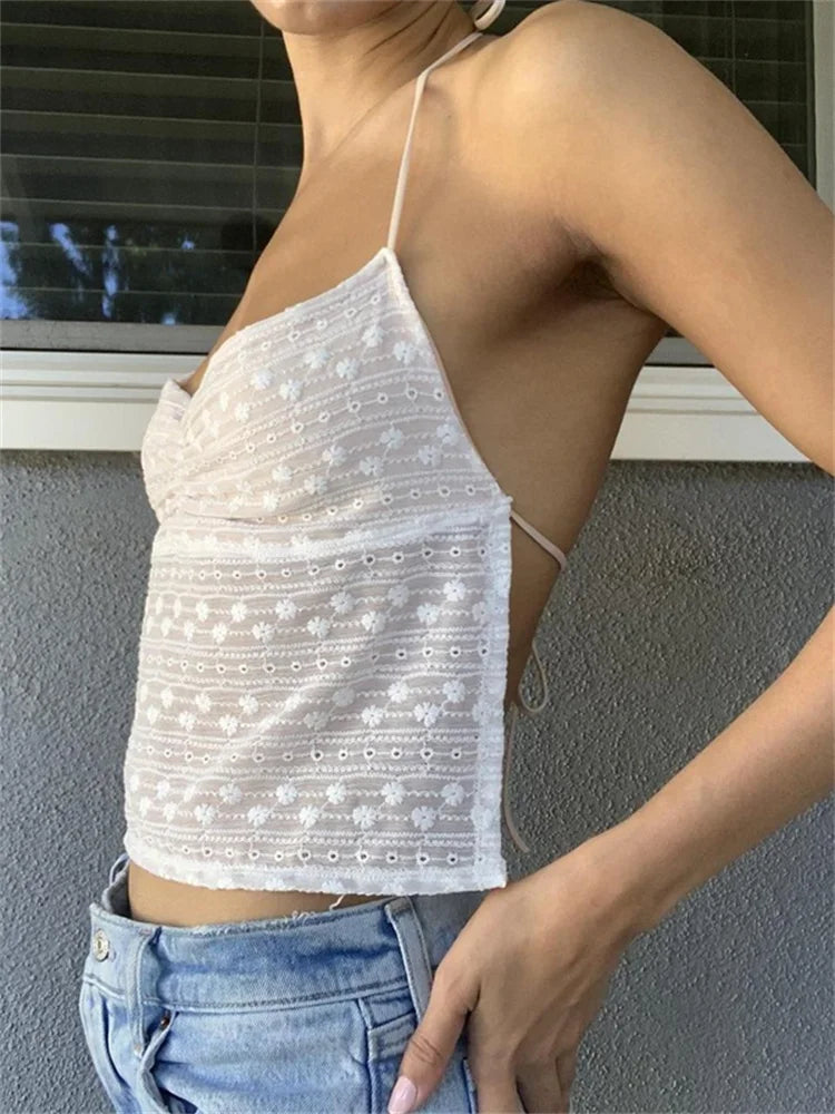 White Fairycore 00s Retro Halter Aesthetics Sexy Backless Boho Beach Crop Tops