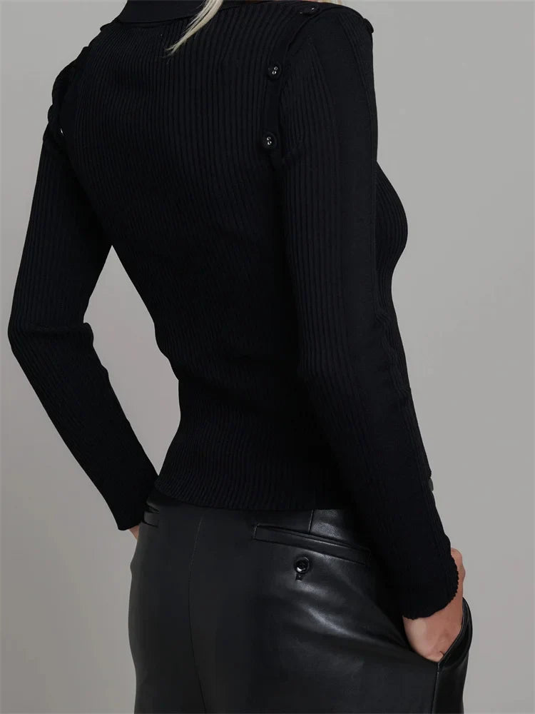 Knitted Ribbed Long Sleeve Casual for Spring Autumn Solid Slim Fit V-neck Streetwear Tee