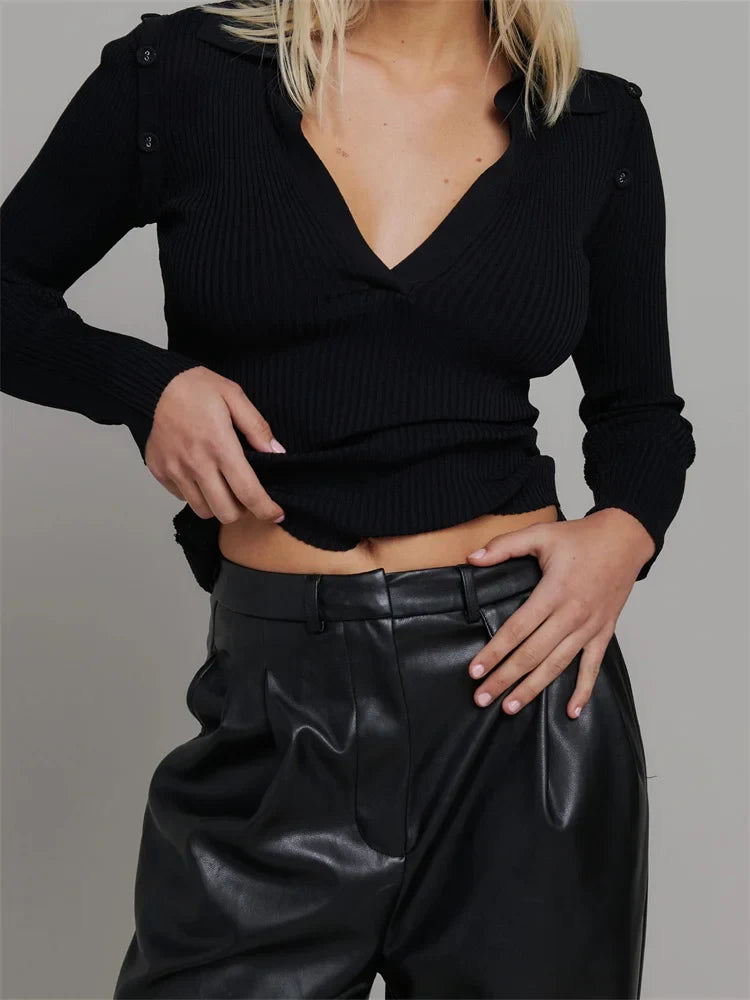 Knitted Ribbed Long Sleeve Casual for Spring Autumn Solid Slim Fit V-neck Streetwear Tee