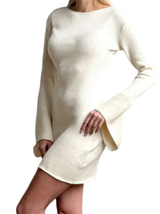 Knitted Ribbed Long Flare Sleeve Round Neck Mini Dress