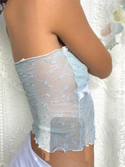 Mesh Patchwork Y2K Retro Tube Cropped Clubwear Summer  Sexy See Through Strapless Tank Mini Vest Crop Tops