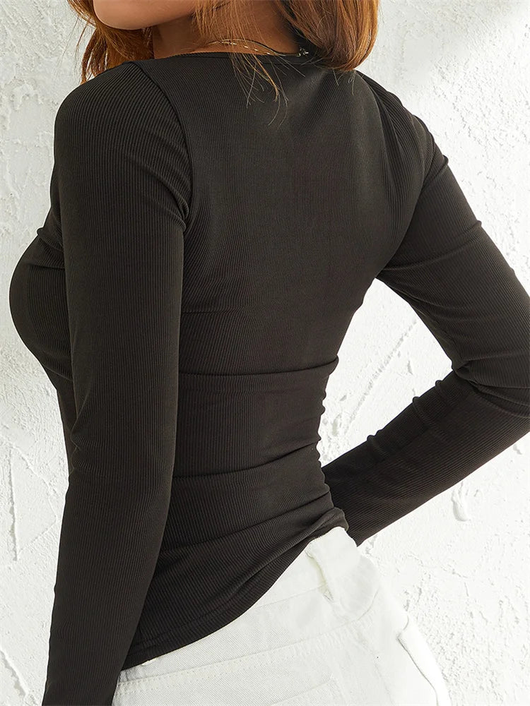 Lace Patchwork V-neck Long Sleeve for Ribbed Ruched Slim Fit Black Basic Spring Autumn Tee