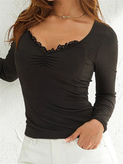 Lace Patchwork V-neck Long Sleeve for Ribbed Ruched Slim Fit Black Basic Spring Autumn Tee