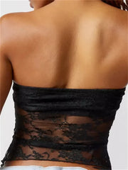 Strapless Off Shoulder Corsets Tube Party Mesh See Through Irregular Hem Mini Vest Crop Tops
