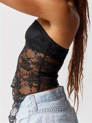 Strapless Off Shoulder Corsets Tube Party Mesh See Through Irregular Hem Mini Vest Crop Tops