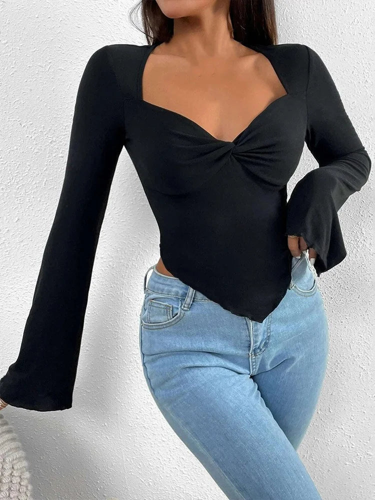 Long Flare Sleeve V-neck Low Cut for Front Ruched Criss-cross Solid Slim Fit Irregular Hem Tee