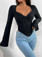 Long Flare Sleeve V-neck Low Cut for Front Ruched Criss-cross Solid Slim Fit Irregular Hem Tee