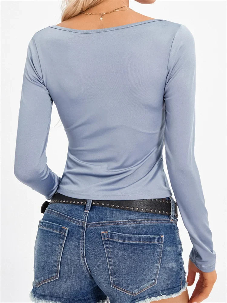 Long Sleeve Low Cut V-neck Ruched for Solid Slim Fit Spring Fall Streetwear Tee