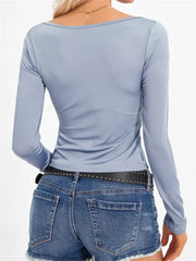 Long Sleeve Low Cut V-neck Ruched for Solid Slim Fit Spring Fall Streetwear Tee