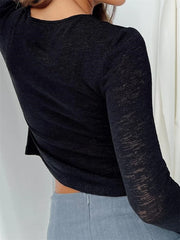 Long Sleeve See Through Front Buttons Up for Summer Autumn Streetwear Solid Slim Basic Tee