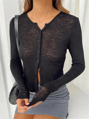 Long Sleeve See Through Front Buttons Up for Summer Autumn Streetwear Solid Slim Basic Tee