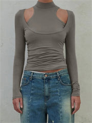 Low Cut Long Sleeve Slim Fit Off Shoulder Solid Casual Streetwear with High Neck Tank Tee
