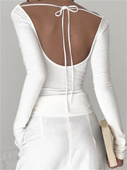 Low Cut Ruched Off Shoulder for Slim Fit Solid Backless Tie-up Casual Streetwear Tee