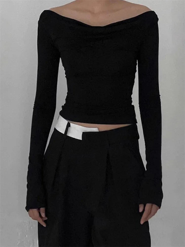 Low Cut Ruched Off Shoulder for Slim Fit Solid Backless Tie-up Casual Streetwear Tee