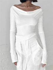Low Cut Ruched Off Shoulder for Slim Fit Solid Backless Tie-up Casual Streetwear Tee