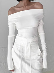 Low Cut Ruched Off Shoulder for Slim Fit Solid Backless Tie-up Casual Streetwear Tee