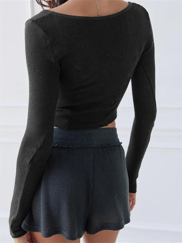 Low Cut V-neck Ribbed Exposed Navel Spring Autumn Streetwear for Long Sleeve Solid Slim Fit Tees