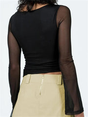Mesh See Through Long Sleeve Ruched for Low Cut Hollow Out Lace-up Clubwear Tee