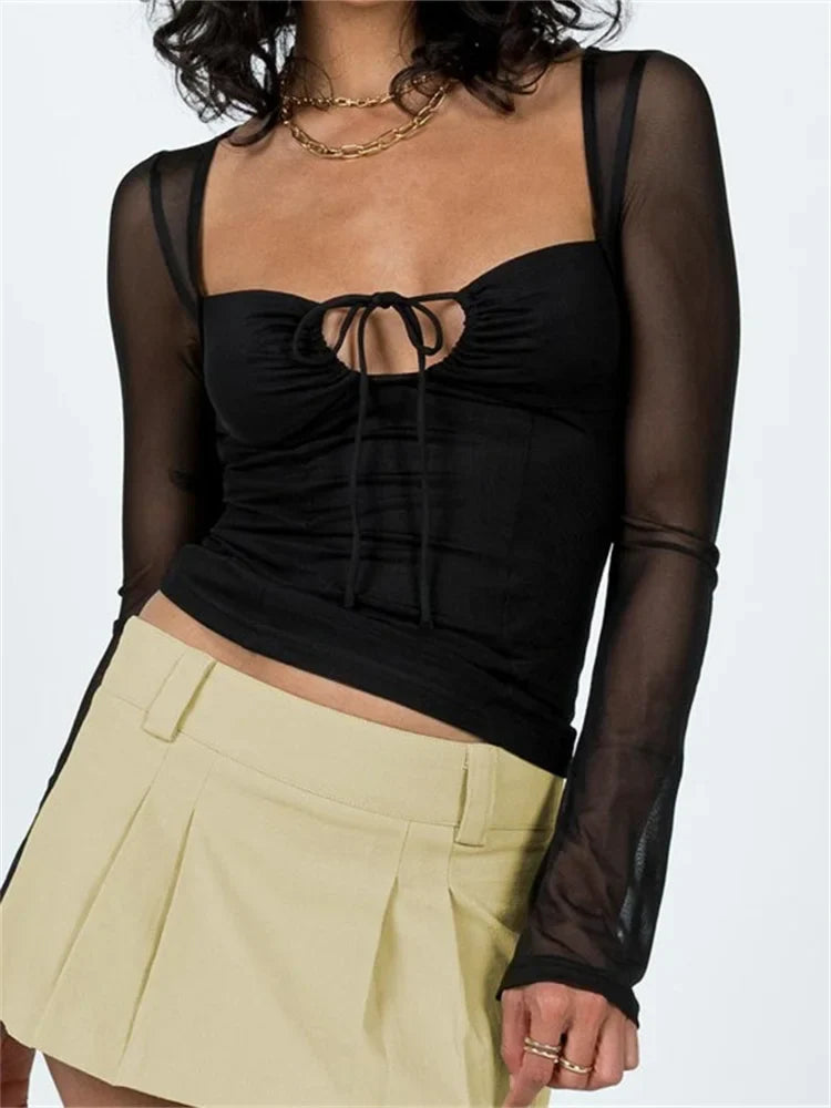 Mesh See Through Long Sleeve Ruched for Low Cut Hollow Out Lace-up Clubwear Tee