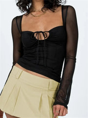 Mesh See Through Long Sleeve Ruched for Low Cut Hollow Out Lace-up Clubwear Tee