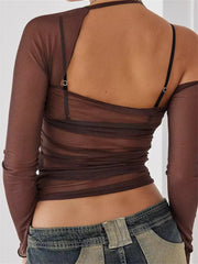 Mesh See Through for Summer Long Sleeve 3D Flower Patchwork Off Shoulder Ruched Streetwear Tee