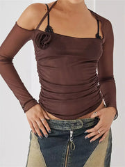Mesh See Through for Summer Long Sleeve 3D Flower Patchwork Off Shoulder Ruched Streetwear Tee