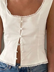 Low Cut O-neck Tank Elegant Buttons Up Lace Patchwork White Solid Sleeveless Vest Streetwear Crop Tops