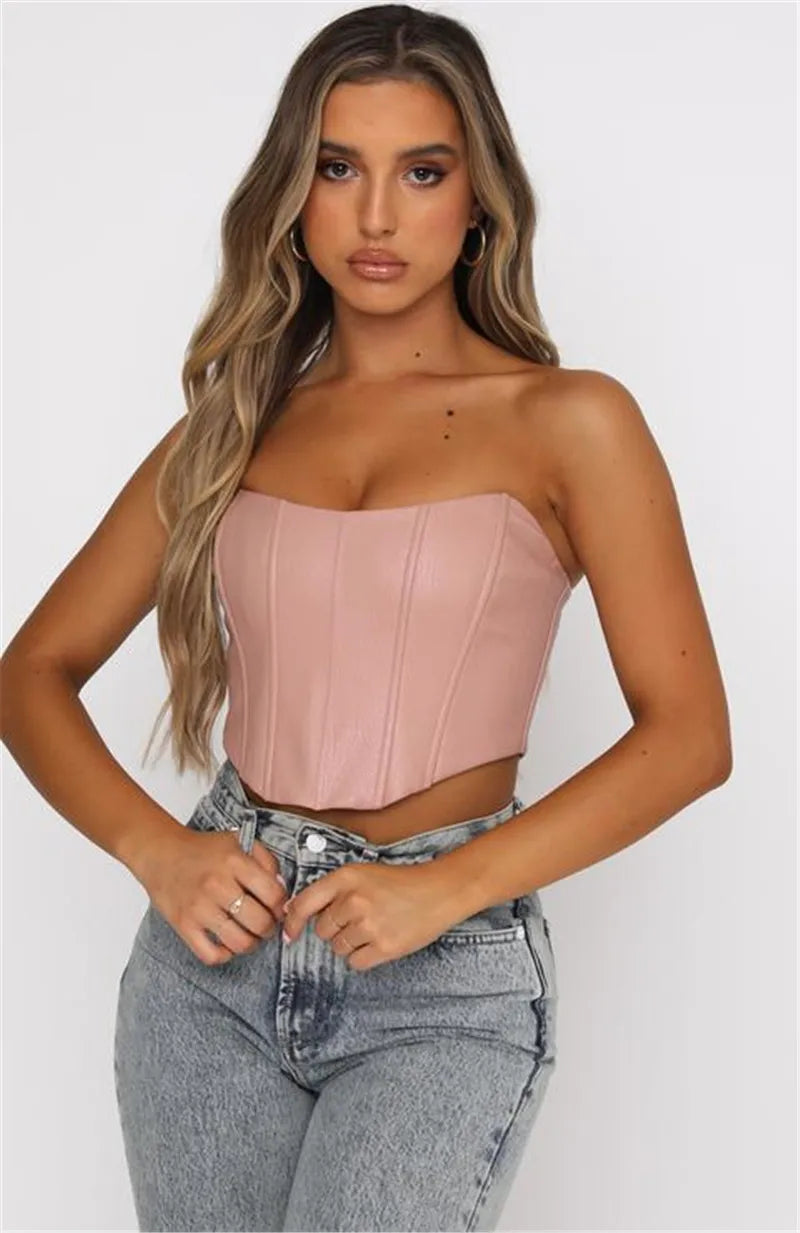 PU Leather Tube Bustiers Corsets Strapless Off Shoulder Tank Vest Bodycon Slim Push Up Outwear Crop Tops