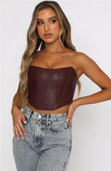 PU Leather Tube Bustiers Corsets Strapless Off Shoulder Tank Vest Bodycon Slim Push Up Outwear Crop Tops
