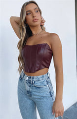 PU Leather Tube Bustiers Corsets Strapless Off Shoulder Tank Vest Bodycon Slim Push Up Outwear Crop Tops