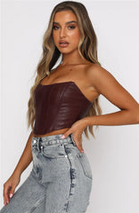 PU Leather Tube Bustiers Corsets Strapless Off Shoulder Tank Vest Bodycon Slim Push Up Outwear Crop Tops