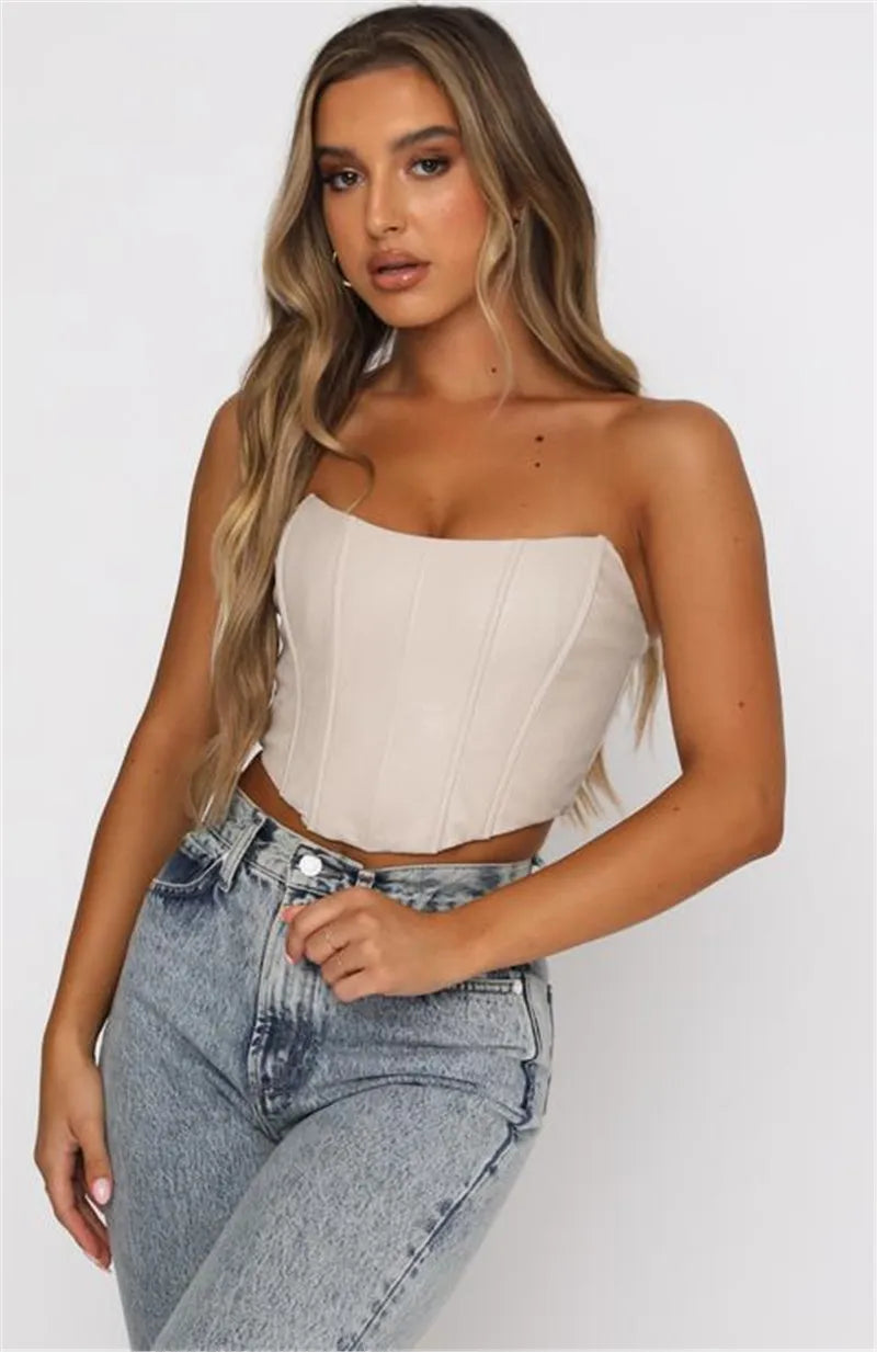 PU Leather Tube Bustiers Corsets Strapless Off Shoulder Tank Vest Bodycon Slim Push Up Outwear Crop Tops