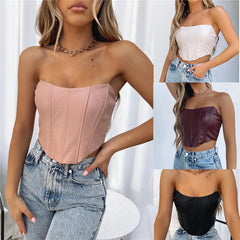 PU Leather Tube Bustiers Corsets Strapless Off Shoulder Tank Vest Bodycon Slim Push Up Outwear Crop Tops