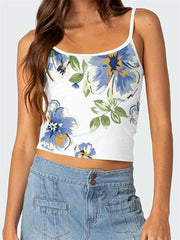 Floral Print Sleeveless Backless Slim Fit Spaghetti Strap Cropped Summer Mini Streetwear Cami Top