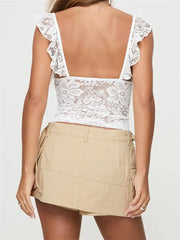Retro Lace Flower Crop Sleeveless Slim Fit Deep V Neck Backless Ruffles Corsets Summer Streetwear Vintage Cami Top