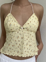 Retro Lace Halter Camis Embroidery Floral Print Backless Tie-up Summer Mini Vest Crop Tops