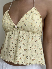 Retro Lace Halter Camis Embroidery Floral Print Backless Tie-up Summer Mini Vest Crop Tops