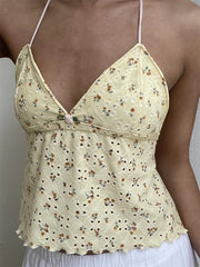 Retro Lace Halter Camis Embroidery Floral Print Backless Tie-up Summer Mini Vest Crop Tops