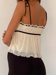 Ruffles Patchwork Camis Sleeveless Tie-up Strap Tank Bow Ruched Summer Mini Vest Party Clubwear Crop Tops