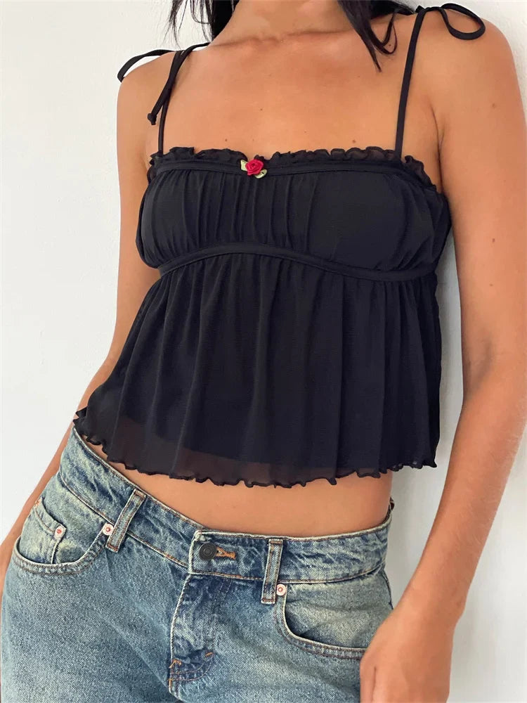 Ruffles Patchwork Camis Sleeveless Tie-up Strap Tank Bow Ruched Summer Mini Vest Party Clubwear Crop Tops