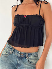 Ruffles Patchwork Camis Sleeveless Tie-up Strap Tank Bow Ruched Summer Mini Vest Party Clubwear Crop Tops