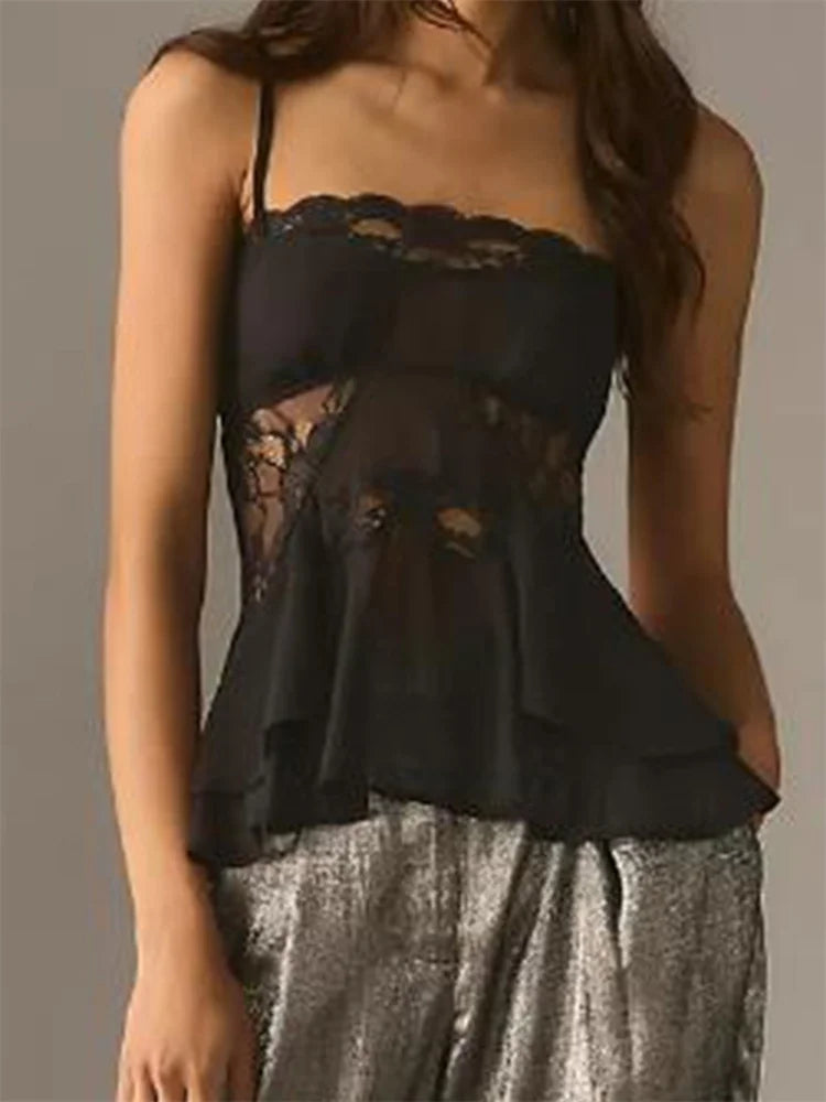 Slim Lace Mesh Spaghetti Strap Layered Hem Cropped Party Clubwear Cami Top