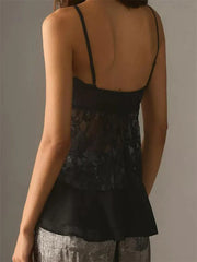Slim Lace Mesh Spaghetti Strap Layered Hem Cropped Party Clubwear Cami Top
